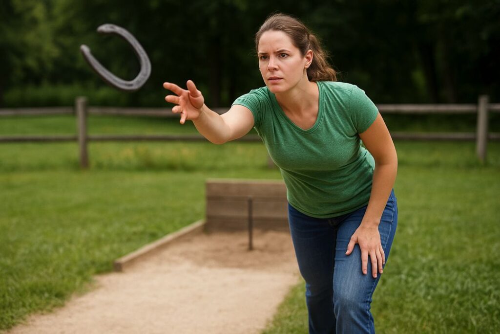 A young Caucasian woman mid-throw in a horseshoe game at an outdoor court.