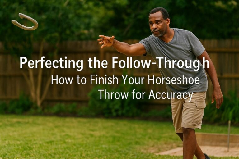 An African American man pitches a horseshoe in a backyard pit, with bold overlay text reading “Perfecting the Follow-Through: How to Finish Your Horseshoe Throw for Accuracy.”