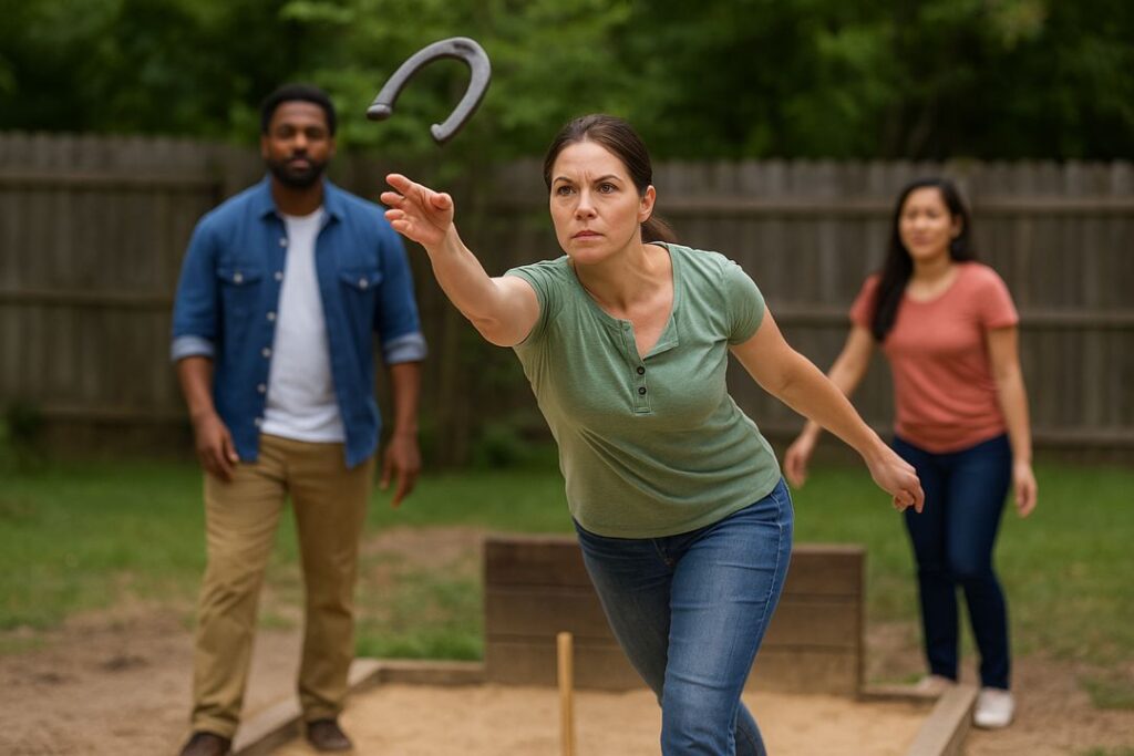 A light-skinned woman focuses on her follow-through while tossing a horseshoe, with an African American man and an Asian woman watching in a backyard horseshoe pit.