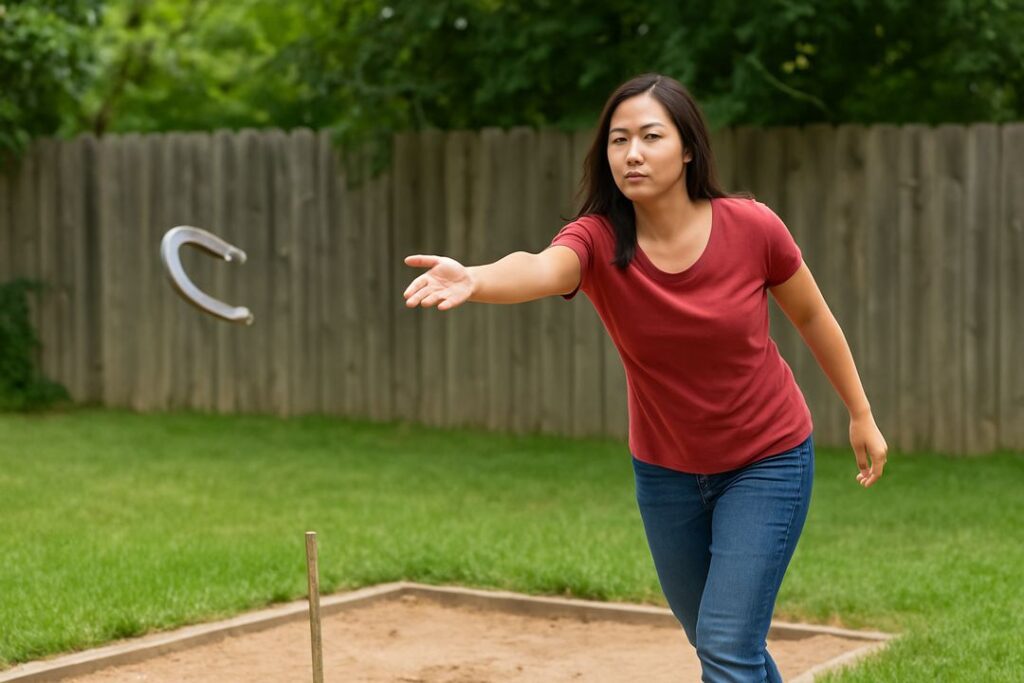 An Asian woman in a red top and jeans completes her follow-through as a horseshoe flies toward the stake in a backyard pit.