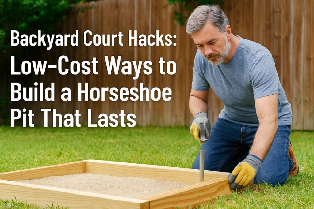 A middle-aged man kneels in his backyard installing a metal stake in a wooden horseshoe pit frame, with overlay text reading “Backyard Court Hacks: Low-Cost Ways to Build a Horseshoe Pit That Lasts.”