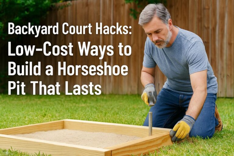 A middle-aged man kneels in his backyard installing a metal stake in a wooden horseshoe pit frame, with overlay text reading “Backyard Court Hacks: Low-Cost Ways to Build a Horseshoe Pit That Lasts.”