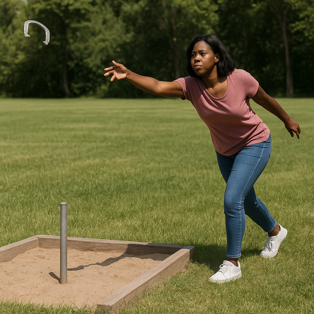 A woman in her 30s is pitching a horseshoe at a regulation stake in a backyard pit. Mid-throw, focused stance, green grass and clear sunny sky.