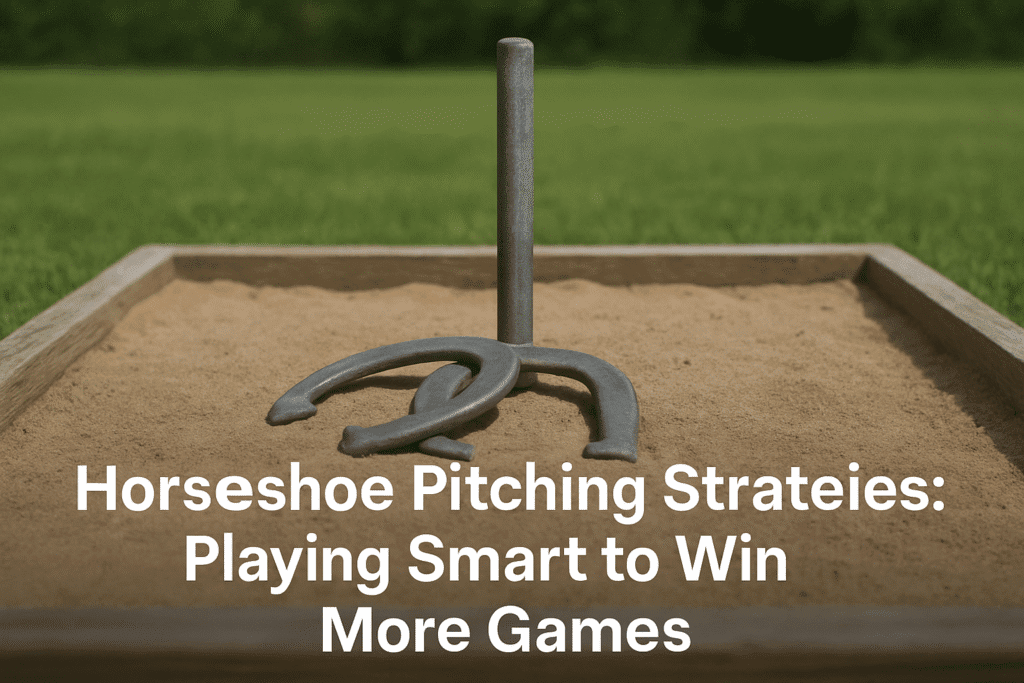 A backyard horseshoe pit with a single metal stake in the sand and two horseshoes nearby, with overlay text reading “Horseshoe Pitching Strategies: Playing Smart to Win More Games.” Bright sunny day with green grass.