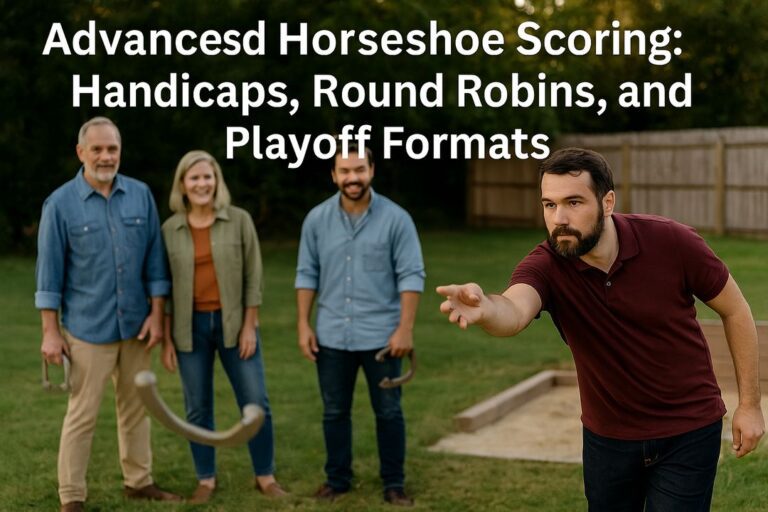 Four adults gather in a backyard horseshoe court, with one man mid-throw, under bold overlay text introducing the topic of advanced scoring formats.