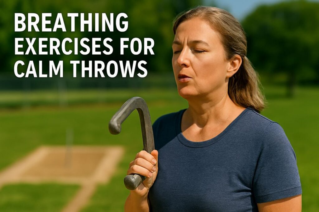 A middle-aged woman exhaling slowly while holding a horseshoe, focusing on her breathing before stepping up to pitch.