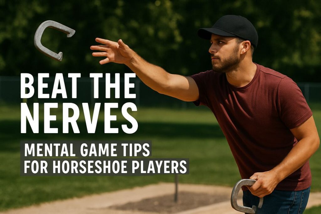 A focused horseshoe player mid-throw on a sunny day with bold overlay text reading “Beat the Nerves: Mental Game Tips for Horseshoe Players.”