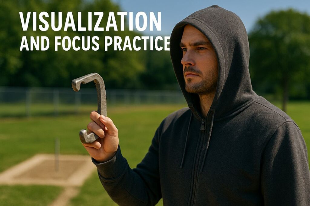 A man in a hoodie standing calmly with a horseshoe in hand, eyes locked on the stake, practicing visualization before his throw on a sunny day.