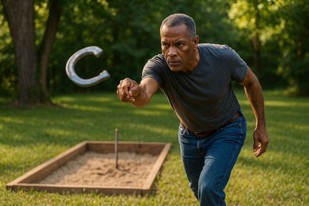 An African American man mid-throw at a regulation horseshoe pit, concentrating on accuracy during a practice session.