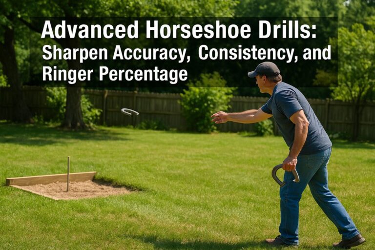 A middle-aged man mid-throw at a backyard horseshoe pit, horseshoe flying toward the stake, illustrating advanced practice drills.
