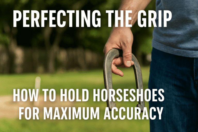 A photo-realistic close-up of a player’s hand gripping a horseshoe in the 1¼ turn grip, with bold overlay text reading “Perfecting the Grip: How to Hold Horseshoes for Maximum Accuracy.”