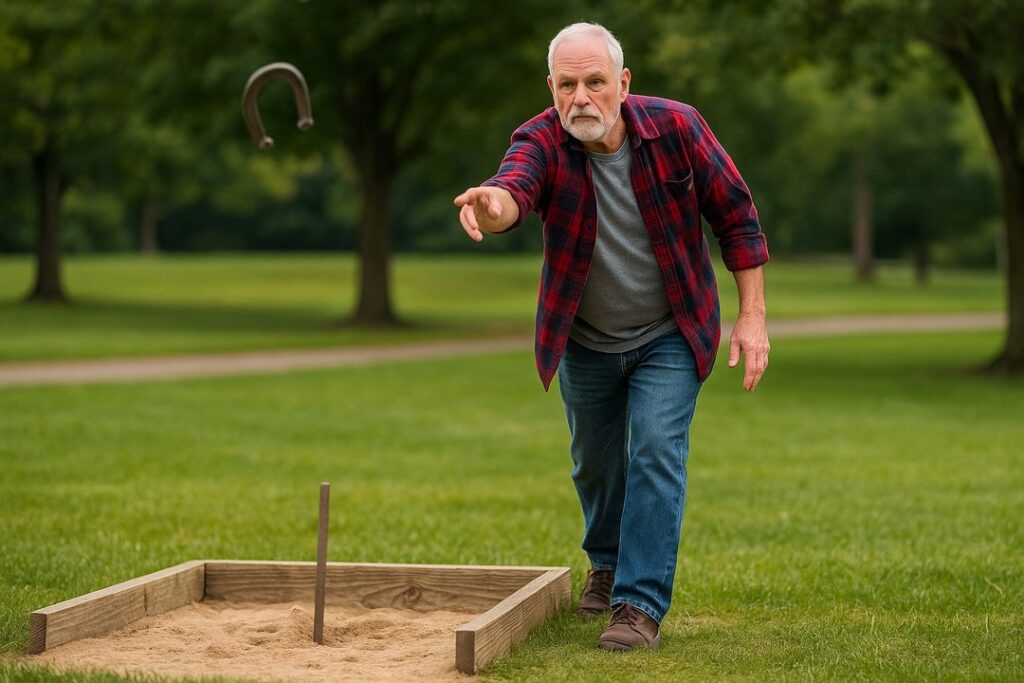 Older man in a red and navy plaid shirt focuses on his throw as a horseshoe flies toward the stake, with trees and a wooden pit visible in the background.