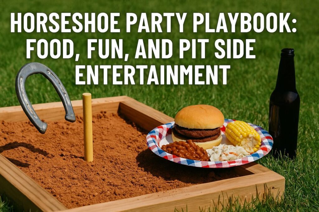 A vibrant backyard horseshoe pit scene with a burger plate and drink bottle in the foreground, overlaid with the article title text.