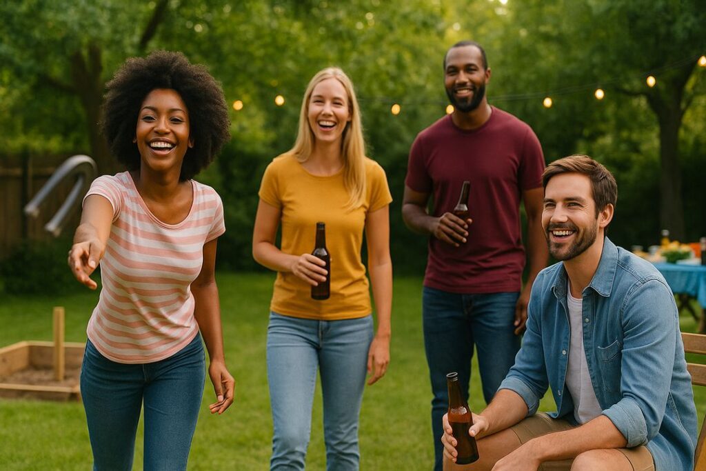 A diverse group of four friends shares drinks and laughter as one woman throws a horseshoe, with a wooden pit and string lights in the background.