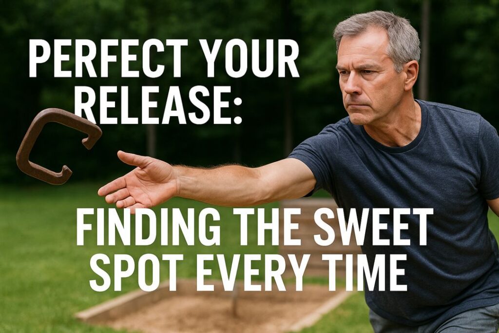A focused middle-aged man pitching a horseshoe in an outdoor pit, text overlay reads “Perfect Your Release: Finding the Sweet Spot Every Time.”