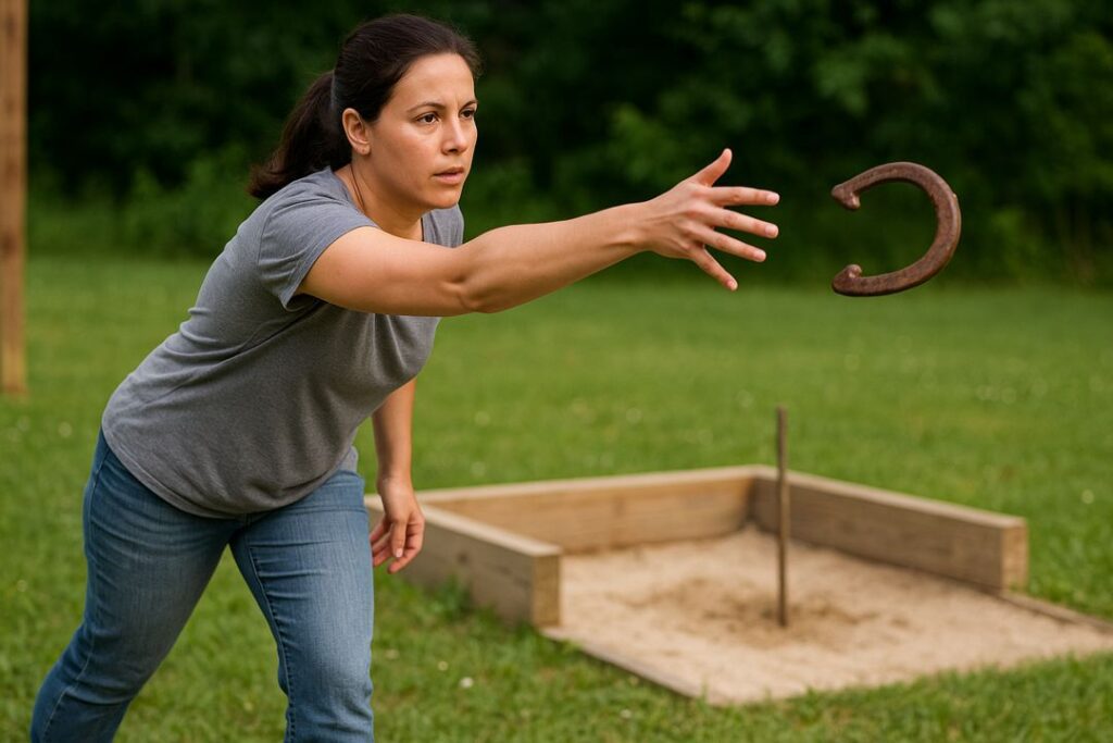 A determined woman with a ponytail pitches a horseshoe toward the stake on a grassy court, frozen mid-release with intense focus.