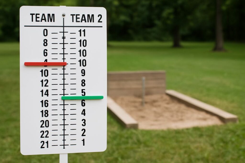 Close-up of a freestanding horseshoe game scoreboard with visible team scores, with a wooden horseshoe pit blurred in the background.