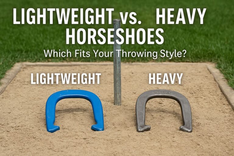 A close-up view of two horseshoes side by side in a sandy pit with a metal stake, one labeled Lightweight and the other Heavy, with overlay text reading “Lightweight vs. Heavy Horseshoes: Which Fits Your Throwing Style?”