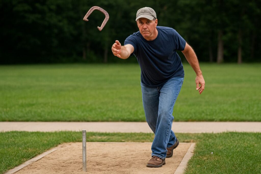 A man mid-throw in a backyard-style horseshoe pit, focused on the stake in the sand with a forest behind him.