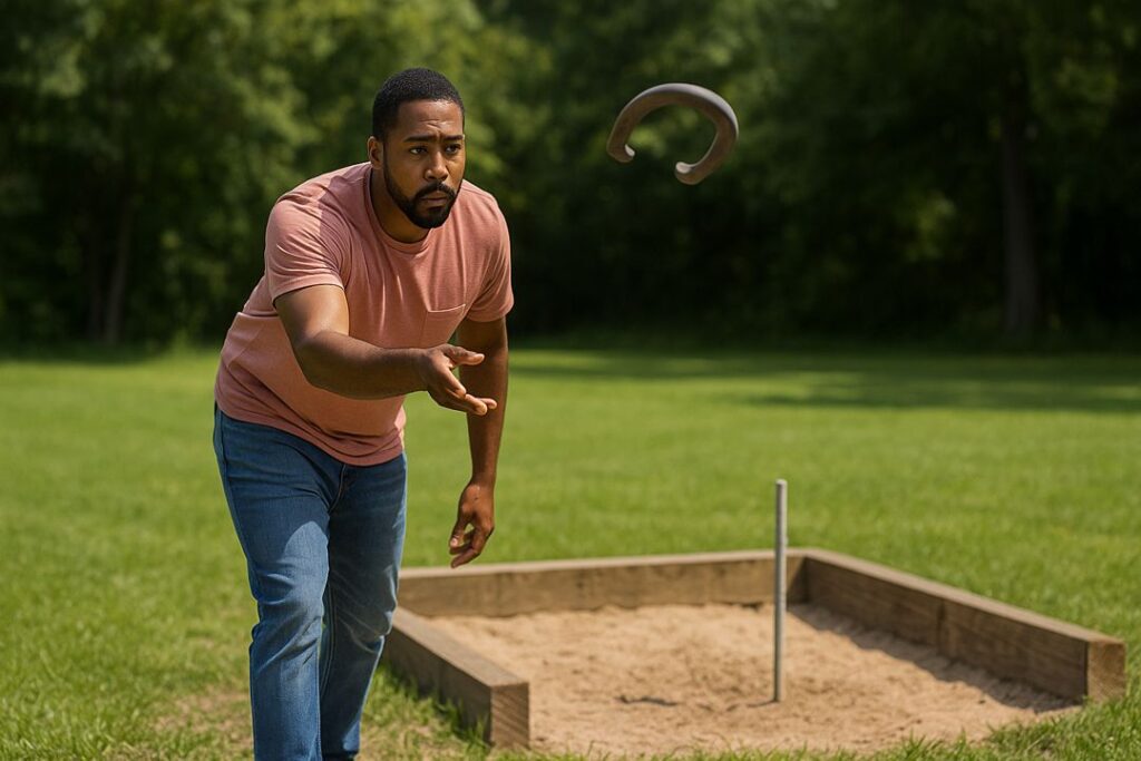 An African American man in a salmon t-shirt mid-throw at a regulation horseshoe pit with one stake visible and a wooden backstop behind it.