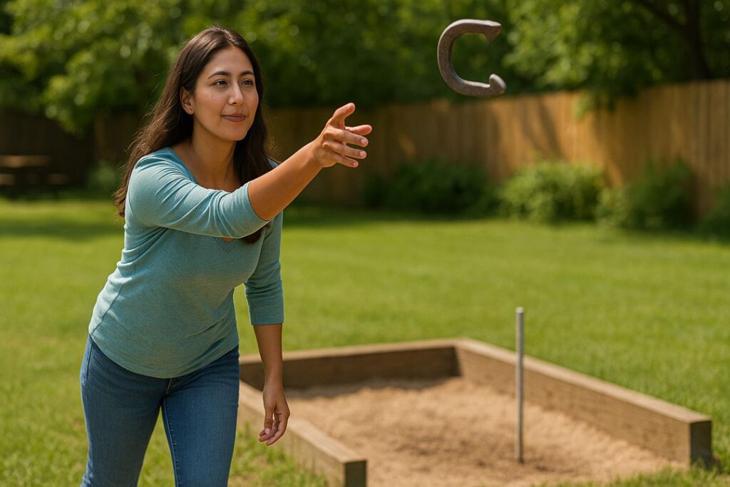 A smiling Hispanic woman in a teal shirt tossing a lightweight horseshoe toward a stake in a backyard sand pit on a sunny day.