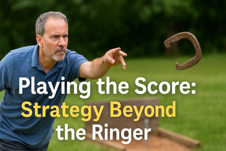 A man in a blue polo shirt focuses on throwing a horseshoe, with bold text overlay reading “Playing the Score: Strategy Beyond the Ringer.”