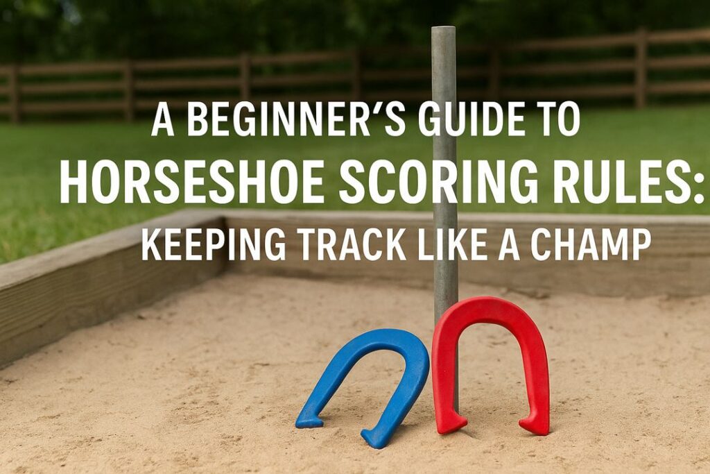 A backyard horseshoe pit with a metal stake in the sand and two brightly colored horseshoes lying nearby, with overlay text reading “Horseshoe Scoring Rules: Beginner’s Guide.”