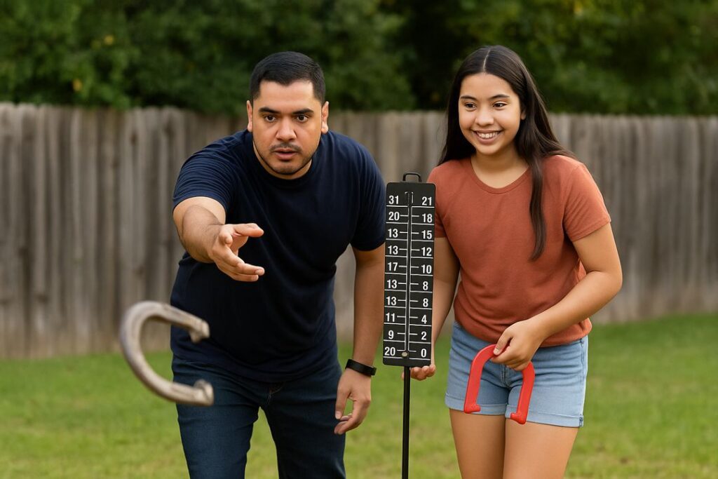 A Hispanic father tossing a horseshoe in a sunny backyard while his smiling daughter stands nearby, with a sandy pit and stake visible.