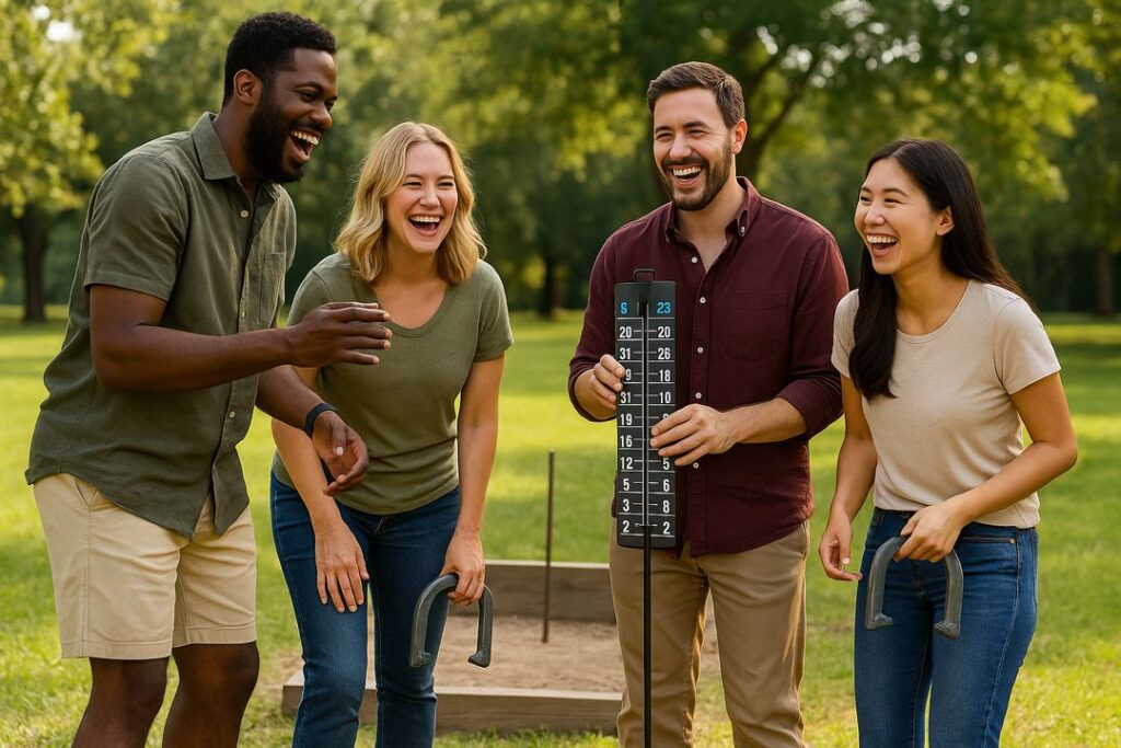 A diverse group of friends gathered around a backyard horseshoe pit, one player mid-throw while others watch and keep score on a sunny day.