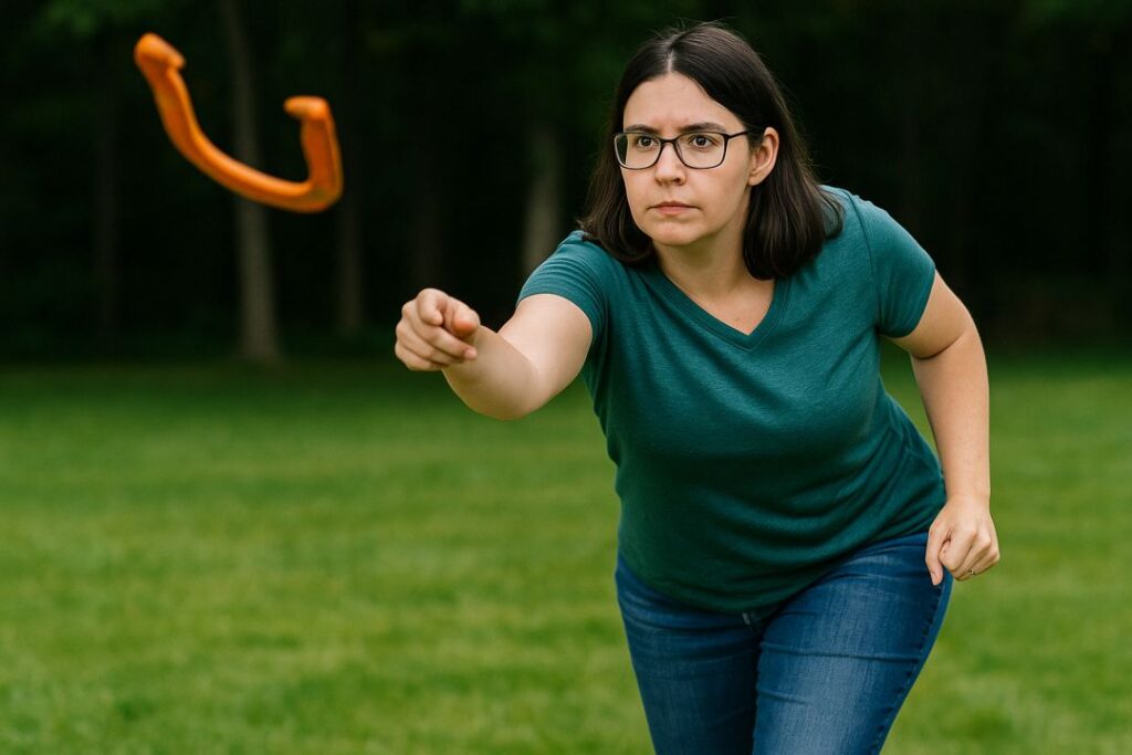 A Caucasian woman in her 30s practicing her horseshoe pitching technique, mid-throw at a backyard pit with green grass and one stake in the sand.