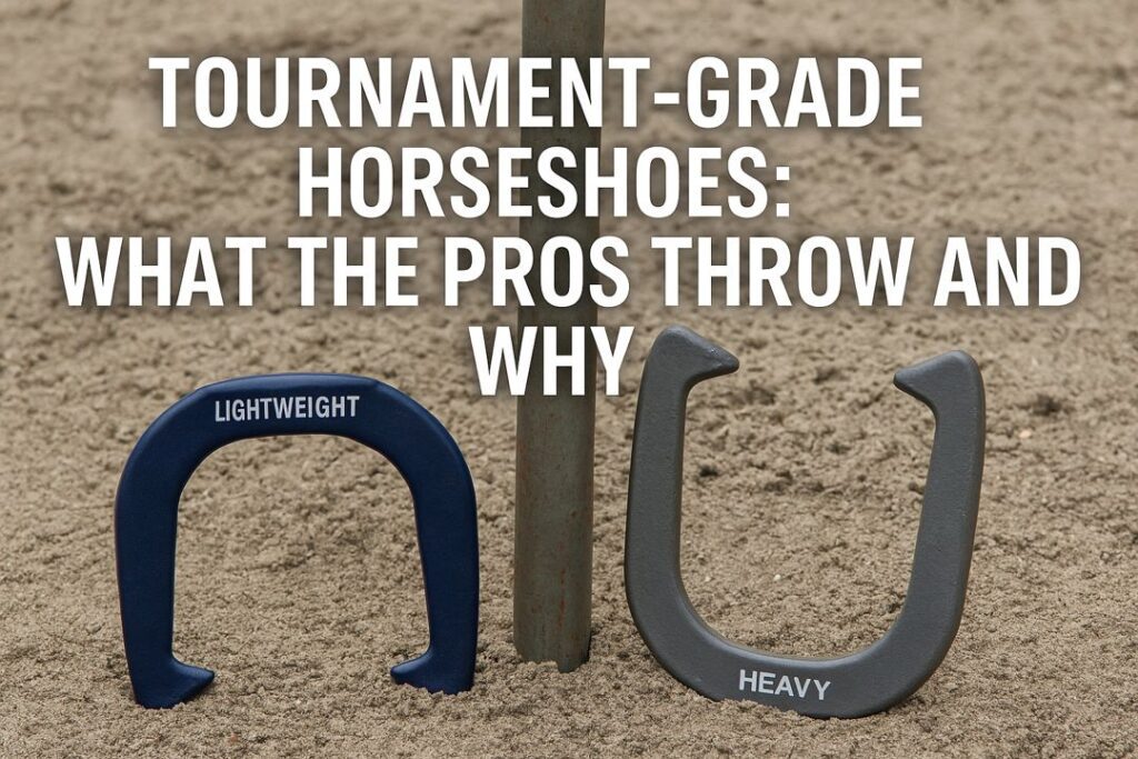 A professional-style horseshoe pit with a single stake in the sand and two tournament-grade horseshoes, one red and one blue, leaning against it, with overlay text reading “Tournament-Grade Horseshoes: What the Pros Throw and Why.”