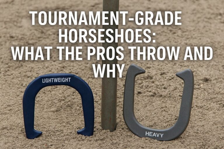 A professional-style horseshoe pit with a single stake in the sand and two tournament-grade horseshoes, one red and one blue, leaning against it, with overlay text reading “Tournament-Grade Horseshoes: What the Pros Throw and Why.”