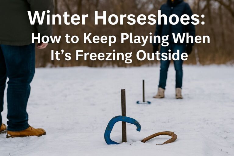 Two players in winter gear stand near a snow-covered horseshoe pit, with two horseshoes by the stake and the article title displayed in bold text.