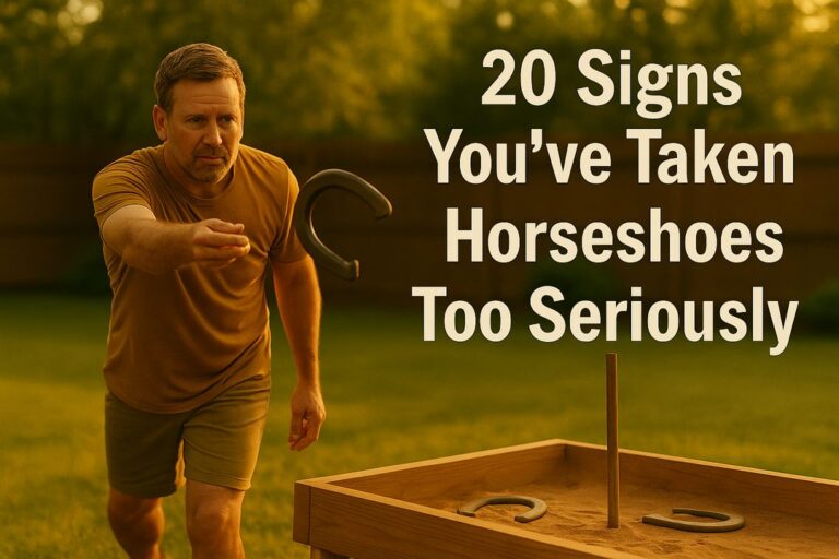 A middle-aged man in golden-hour sunlight pitching a horseshoe with focused form in a backyard pit.