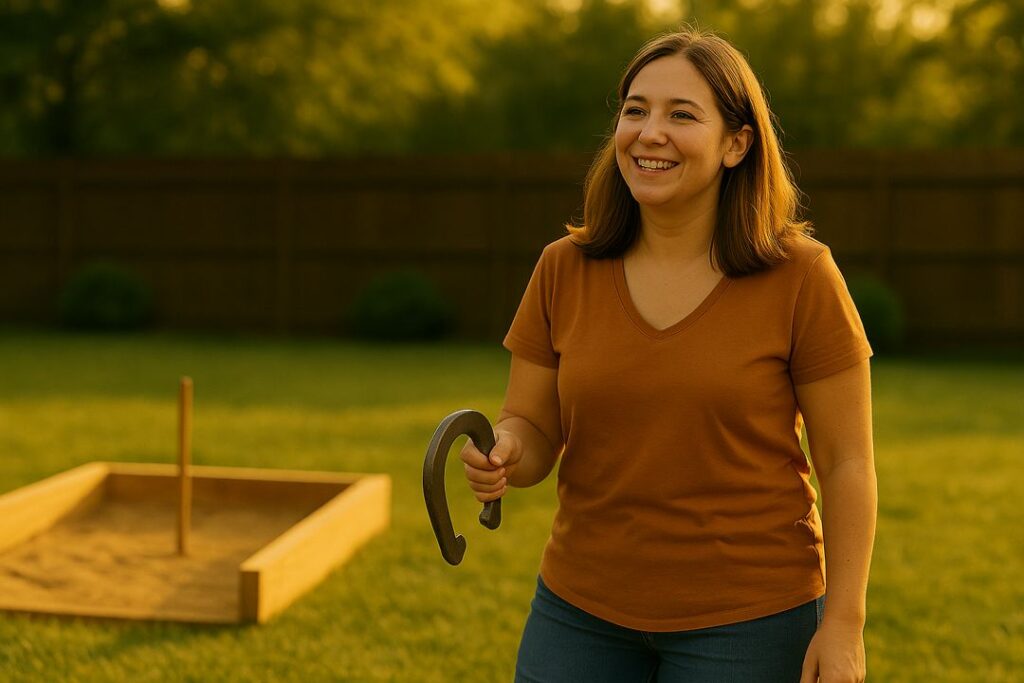 A woman smiling casually while holding a horseshoe in a warm backyard setting during golden hour.