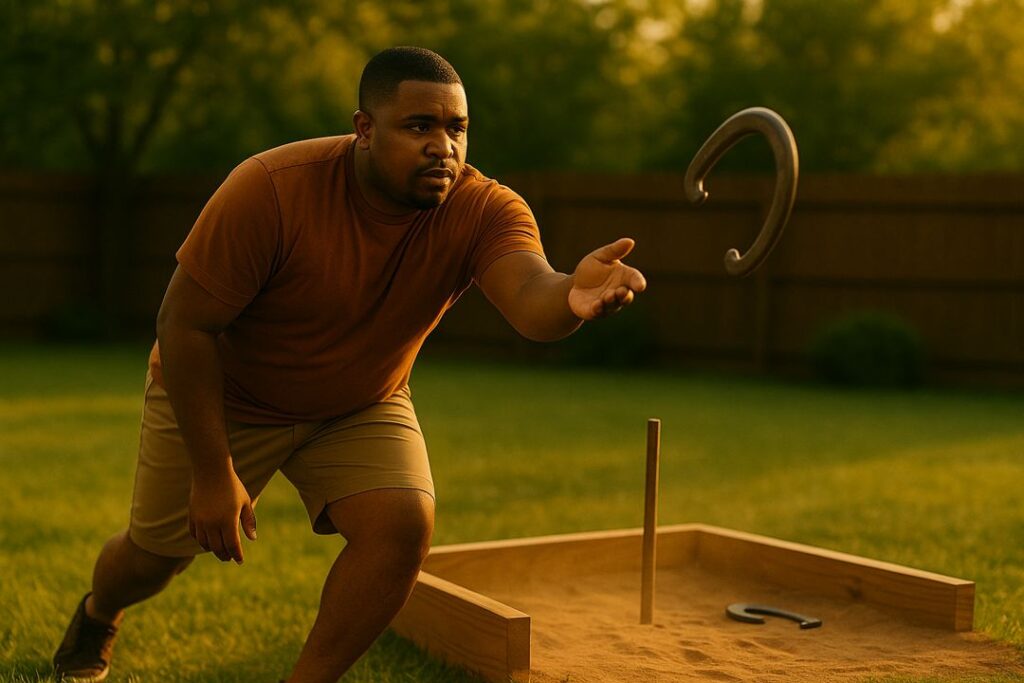 A stocky African American man concentrating while tossing a horseshoe toward the stake in a backyard pit.