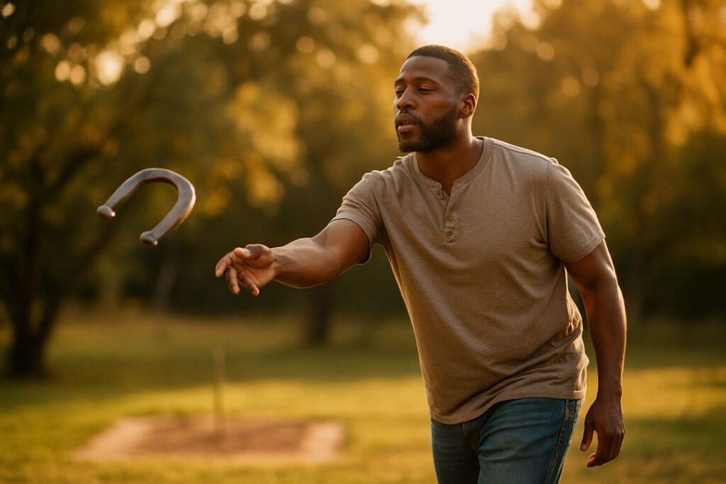 A man in relaxed concentration tossing a horseshoe during a peaceful sunset game, showing the mindful side of the sport.