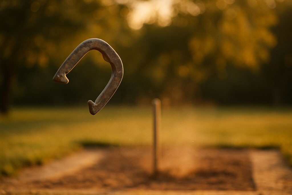 A horseshoe spinning gracefully through golden light toward the stake, symbolizing focus and flow in horseshoe pitching.