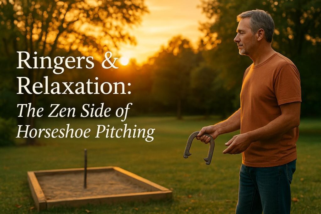 A man enjoying a quiet evening game of horseshoes, holding a shoe near the pit as the sun sets, capturing the calm and focus of the sport.