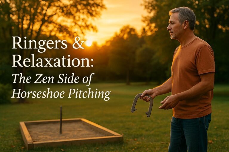 A man enjoying a quiet evening game of horseshoes, holding a shoe near the pit as the sun sets, capturing the calm and focus of the sport.