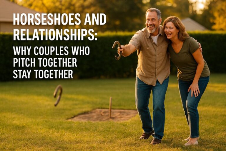 Middle-aged couple playing horseshoes at sunset, one mid-pitch with realistic grip while the partner smiles, title text overlay “Horseshoes and Relationships: Why Couples Who Pitch Together Stay Together.”