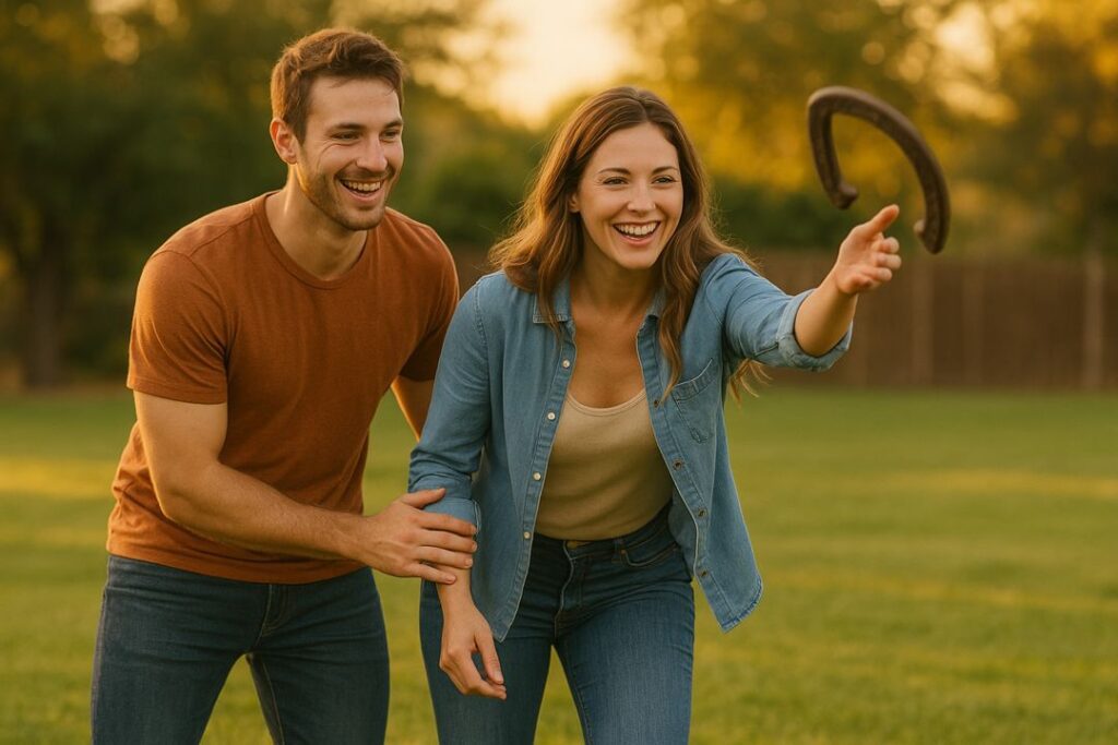 Young couple playing horseshoes in their backyard during golden hour, smiling and relaxed, realistic grip and natural motion.