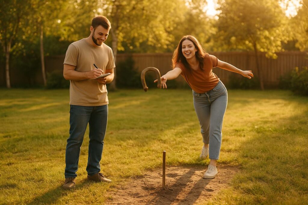 Couple keeping score while enjoying a friendly horseshoe game in the backyard, warm sunlight and joyful atmosphere.