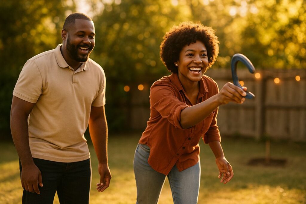 African American couple smiling and laughing while playing horseshoes in their backyard, warm evening sunlight and natural motion.