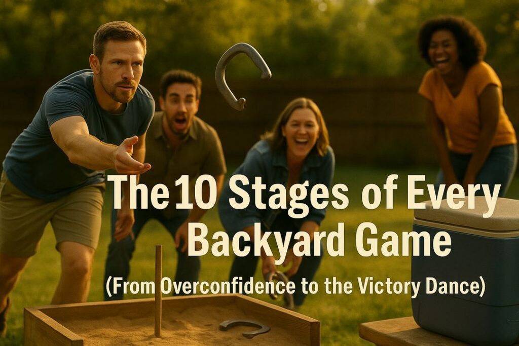 A group of friends playing a backyard horseshoe game, one player mid-throw and others cheering in golden-hour sunlight.