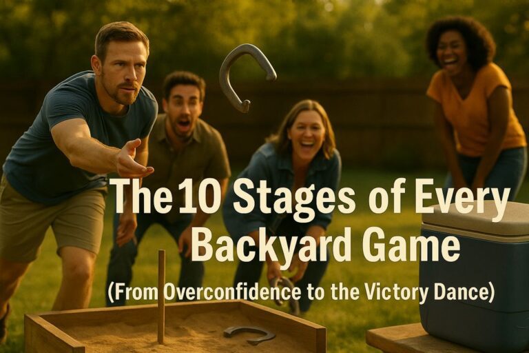 A group of friends playing a backyard horseshoe game, one player mid-throw and others cheering in golden-hour sunlight.