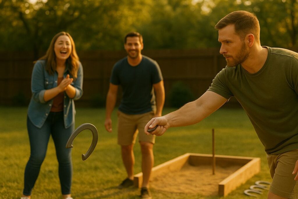 A man mid-throw with friends clapping and cheering, sunlight glowing across the backyard pit.