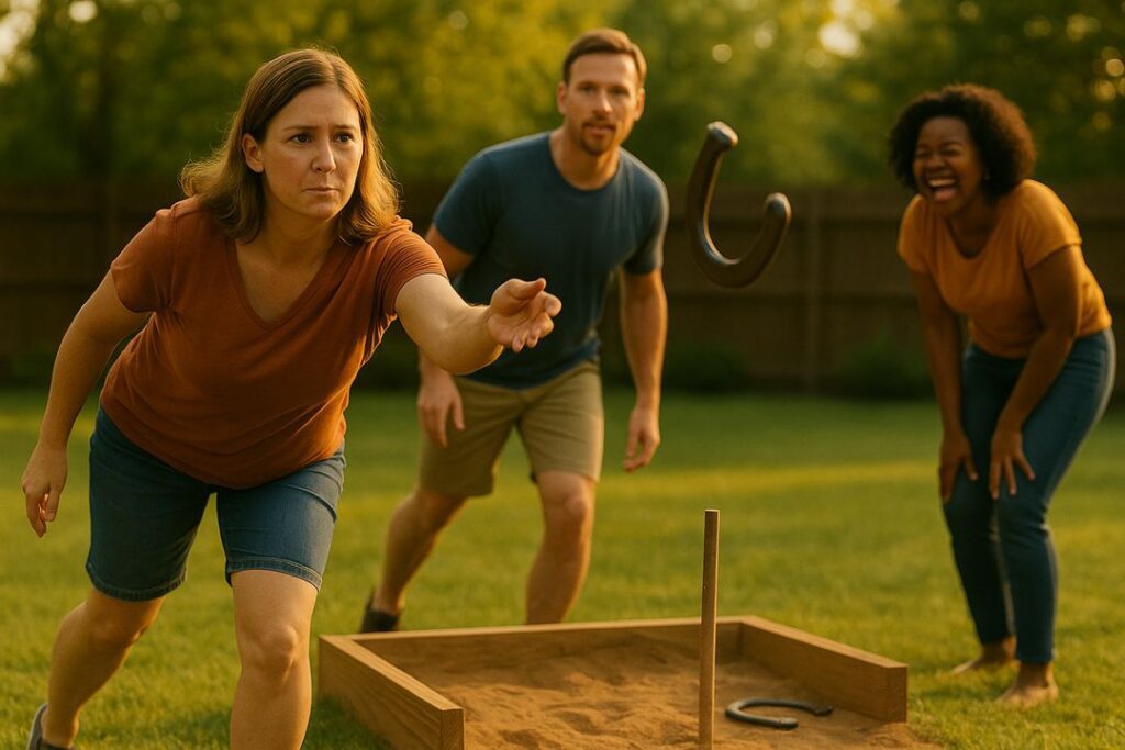 A woman confidently pitching a horseshoe while friends watch and laugh during a sunny backyard game.
