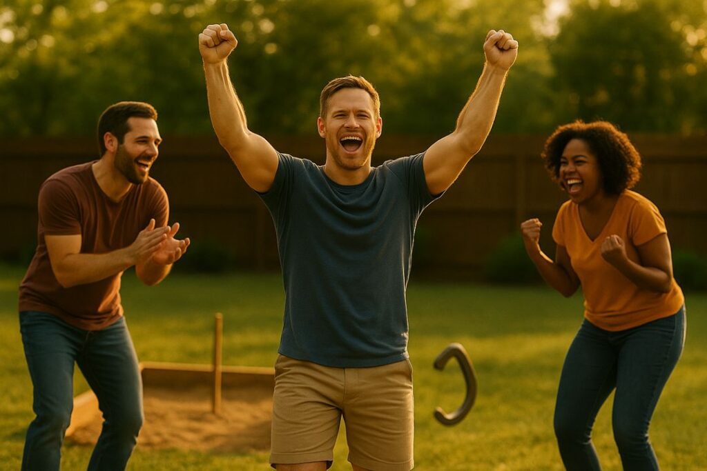 A player celebrating with raised arms while friends laugh and cheer near the pit at golden hour.