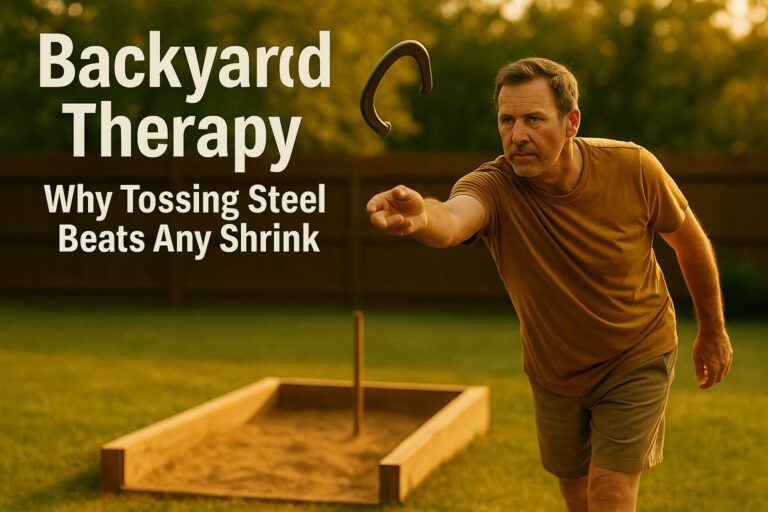 A man tossing a horseshoe with perfect form during golden hour in a backyard horseshoe pit.